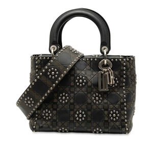 Dior Cannage Lady Studded Handbag Shoulder Bag Black Gray Calfskin